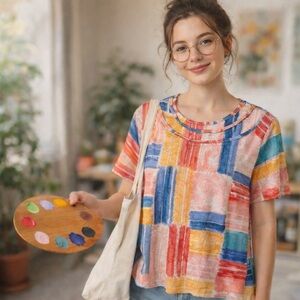 Alfred Dunner Colorful Abstract Art Teacher Tunic Top Petite M Artsy Indie